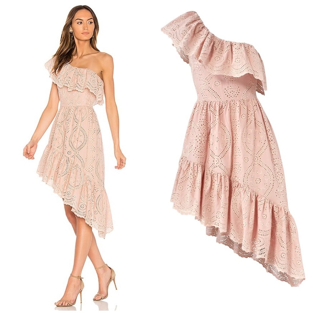 LoveShackFancy / Pink Pamela Party One Shoulder Eyelet Dress cotton small S